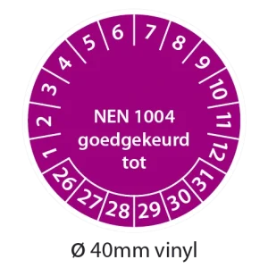 Paarse NEN 1004 keuringsstickers 40mm vinyl op strook van 5 stuks met opdruk goedgekeurd tot - 2026