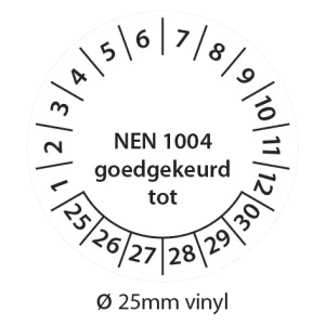 Keuringsstickers NEN 1004 goedgekeurd tot Zwart-wit 25mm vinyl