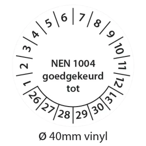 Zwart-witte NEN 1004 keuringsstickers 40mm vinyl op strook van 5 stuks met opdruk goedgekeurd tot - 2026