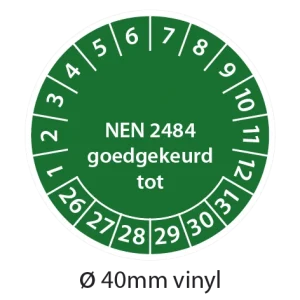 Groene NEN 2484 keuringsstickers 40mm vinyl op strook van 5 stuks met opdruk goedgekeurd tot - 2026
