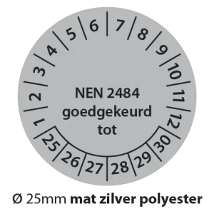 Keuringsstickers NEN 2484 goedgekeurd tot Zwart-grijs 25mm mat zilver polyester