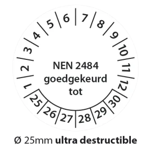 Keuringsstickers NEN 2484 goedgekeurd tot Zwart-wit 25mm ultra destructible