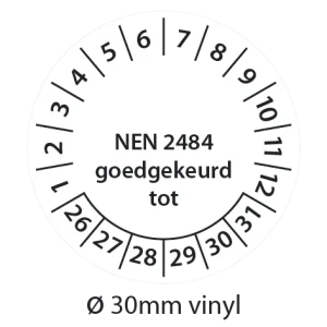 Zwart-witte NEN 2484 keuringsstickers 30mm vinyl op strook van 5 stuks met opdruk goedgekeurd tot - 2026