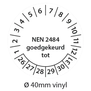 Zwart-witte NEN 2484 keuringsstickers 40mm vinyl op strook van 5 stuks met opdruk goedgekeurd tot - 2026