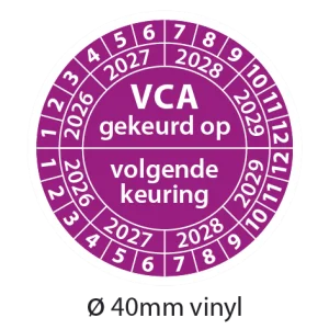 Paarse VCA keuringsstickers 40mm vinyl op strook van 5 stuks met opdruk VCA gekeurd op - volgende keuring - 2026