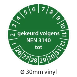 Groene NEN 3140 keuringsstickers 30mm vinyl op strook van 5 stuks met opdruk gekeurd volgens NEN 3140 tot - 2026