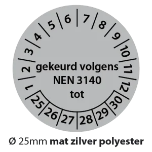 Keuringsstickers gekeurd volgens NEN3140 tot zwart-grijs 25mm mat zilver polyester