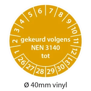 Oranje NEN 3140 keuringsstickers 40mm vinyl op strook van 5 stuks met opdruk gekeurd volgens NEN 3140 tot - 2026