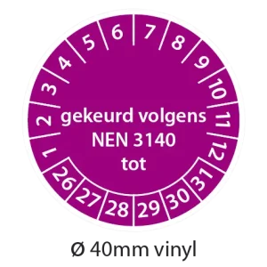 Paarse NEN 3140 keuringsstickers 40mm vinyl op strook van 5 stuks met opdruk gekeurd volgens NEN 3140 tot - 2026