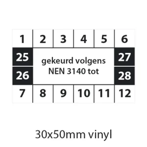 Zwart-witte keuringssticker "gekeurd volgens NEN3140 tot " met maand- en jaartallen, 30x50mm, vinyl.