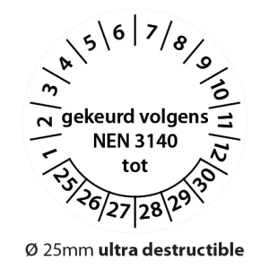 Keuringsstickers gekeurd volgens NEN3140 tot zwart-wit 25mm ultra destructible