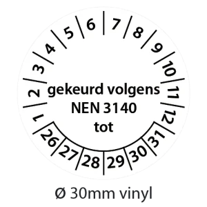 Zwart-witte NEN 3140 keuringsstickers 30mm vinyl op strook van 5 stuks met opdruk gekeurd volgens NEN 3140 tot - 2026