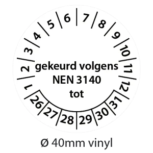 Zwart-witte NEN 3140 keuringsstickers 40mm vinyl op strook van 5 stuks met opdruk gekeurd volgens NEN 3140 tot - 2026