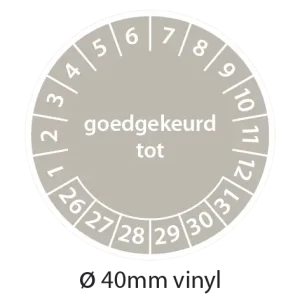 Grijze keuringsstickers 40mm vinyl op strook van 5 stuks met opdruk goedgekeurd tot - 2026