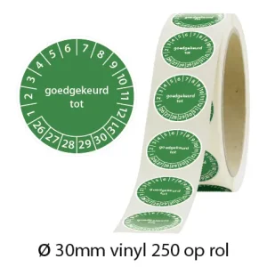 Groene keuringsstickers 30mm vinyl op rol van 250 stuks met opdruk goedgekeurd tot - 2026