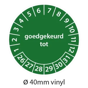Groene keuringsstickers 40mm vinyl op strook van 5 stuks met opdruk goedgekeurd tot - 2026