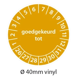 Oranje keuringsstickers 40mm vinyl op strook van 5 stuks met opdruk goedgekeurd tot - 2026