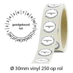 Zwart-witte keuringsstickers 30mm vinyl op rol van 250 stuks met opdruk goedgekeurd tot - 2026