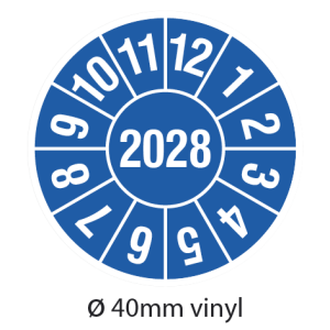 Keuringsstickers 2028 Ø40 mm vinyl blauw op strook van 5 stuks