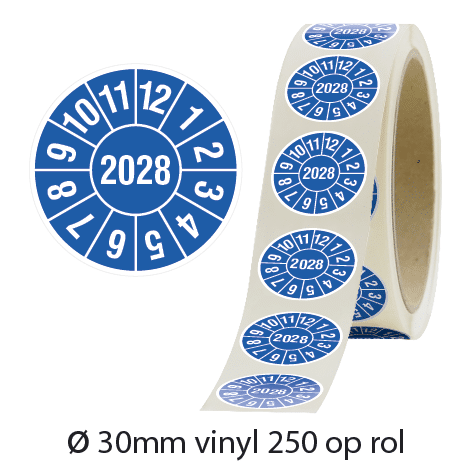 Keuringsstickers 2028 Ø30 mm vinyl blauw op rol van 250 stuks