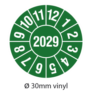 Keuringsstickers 2029 Ø30 mm vinyl groen op strook van 5 stuks