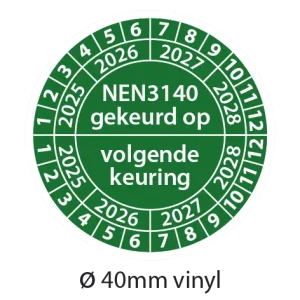 Keuringsstickers NEN 3140 gekeurd op - volgende keuring -Groen 40mm vinyl