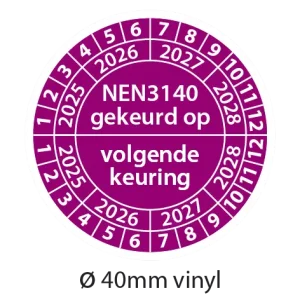 Keuringsstickers NEN 3140 gekeurd op - volgende keuring - Paars 40mm vinyl