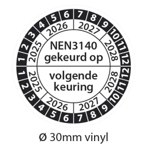 Keuringsstickers NEN 3140 gekeurd op - volgende keuring -Zwart-wit 30mm vinyl