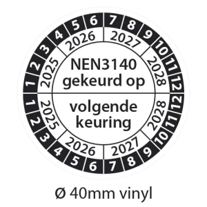 Keuringsstickers NEN 3140 gekeurd op - volgende keuring -Zwart-wit 40mm vinyl