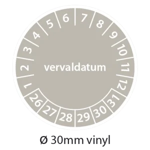 Grijze keuringsstickers 30mm vinyl op strook van 5 stuks met opdruk vervaldatum - 2026