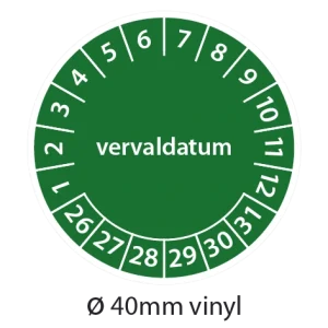 Groene keuringsstickers 40mm vinyl op strook van 5 stuks met opdruk vervaldatum - 2026