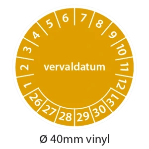 Oranje keuringsstickers 40mm vinyl op strook van 5 stuks met opdruk vervaldatum - 2026