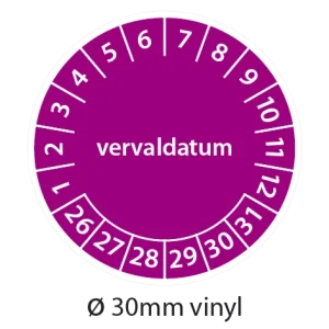 Paarse keuringsstickers 30mm vinyl op strook van 5 stuks met opdruk vervaldatum - 2026