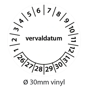 Zwart-witte keuringsstickers 30mm vinyl op strook van 5 stuks met opdruk vervaldatum - 2026