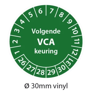 Groene VCA keuringsstickers 30mm vinyl op strook van 5 stuks met opdruk volgende VCA keuring - 2026