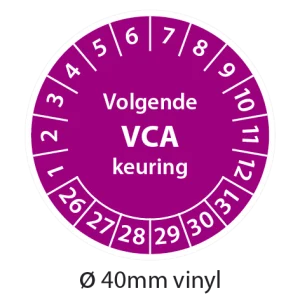 Paarse VCA keuringsstickers 40mm vinyl op strook van 5 stuks met opdruk volgende VCA keuring - 2026