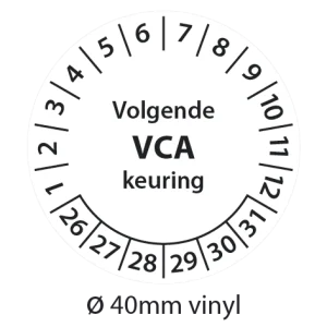 Zwart-witte VCA keuringsstickers 40mm vinyl op strook van 5 stuks met opdruk volgende VCA keuring - 2026