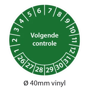Groene keuringsstickers 40mm vinyl op strook van 5 stuks met opdruk volgende controle - 2026