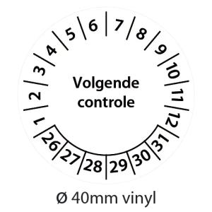 Zwart-witte keuringsstickers 40mm vinyl op strook van 5 stuks met opdruk volgende controle - 2026