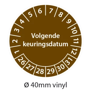 Bruine keuringsstickers 40mm vinyl op strook van 5 stuks met opdruk volgende keuringsdatum - 2026
