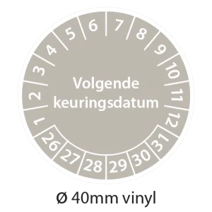 Grijze keuringsstickers 40mm vinyl op strook van 5 stuks met opdruk volgende keuringsdatum - 2026