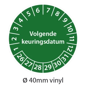 Groene keuringsstickers 40mm vinyl op strook van 5 stuks met opdruk volgende keuringsdatum - 2026