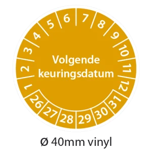 Oranje keuringsstickers 40mm vinyl op strook van 5 stuks met opdruk volgende keuringsdatum - 2026