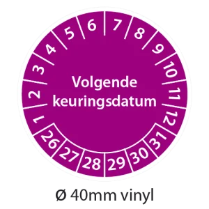 Paarse keuringsstickers 40mm vinyl op strook van 5 stuks met opdruk volgende keuringsdatum - 2026