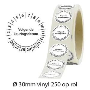 Zwart-witte keuringsstickers 30mm vinyl op rol van 250 stuks met opdruk volgende keuringsdatum - 2026