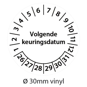 Zwart-witte keuringsstickers 30mm vinyl op strook van 5 stuks met opdruk volgende keuringsdatum - 2026