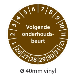 Bruine keuringsstickers 40mm vinyl op strook van 5 stuks met opdruk volgende onderhoudsbeurt - 2026