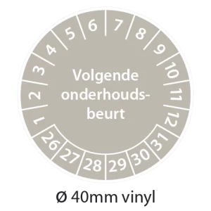 Grijze keuringsstickers 40mm vinyl op strook van 5 stuks met opdruk volgende onderhoudsbeurt - 2026