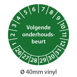 Groene keuringsstickers 40mm vinyl op strook van 5 stuks met opdruk volgende onderhoudsbeurt - 2026