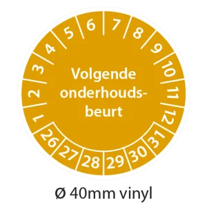 Oranje keuringsstickers 40mm vinyl op strook van 5 stuks met opdruk volgende onderhoudsbeurt - 2026